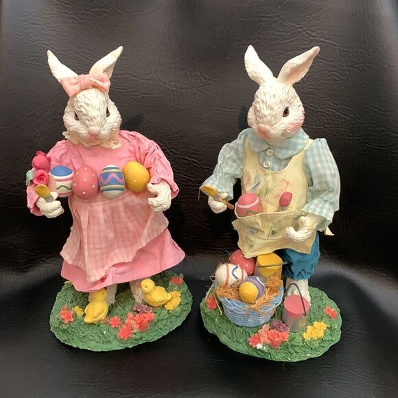 Fabric Mache Spring Bunnies Easter 11 Inches Tall Gifts Handcrafted Decoration - Picture 2 of 11